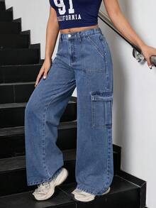 SHEIN 千禧朋克街头风休闲水洗低腰宽松牛仔裤，翻盖口袋褶裥阔腿工装裤，适合万圣节、圣诞节、秋冬季返校季、秋季、商务休闲女装、千禧2000年代风格、商务休闲女装、返校季 - 中等水洗藍 - 查看 5