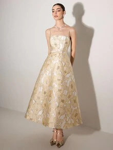 Poshira 花卉图案无袖礼服（重彩） - 香檳色 - 查看 7