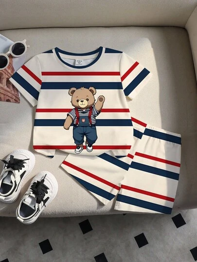 SHEIN Explorewe Ung pojke Teddy Bear Randtryckt rundhalsad kortärmad T-shirt och shorts Casual Set i overaller