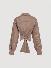 SHEIN MOD 白色和棕色条纹不对称裹身长袖衬衫，交叉设计，后背系带蝴蝶结，牛仔风 - 咖啡棕 - 查看 2