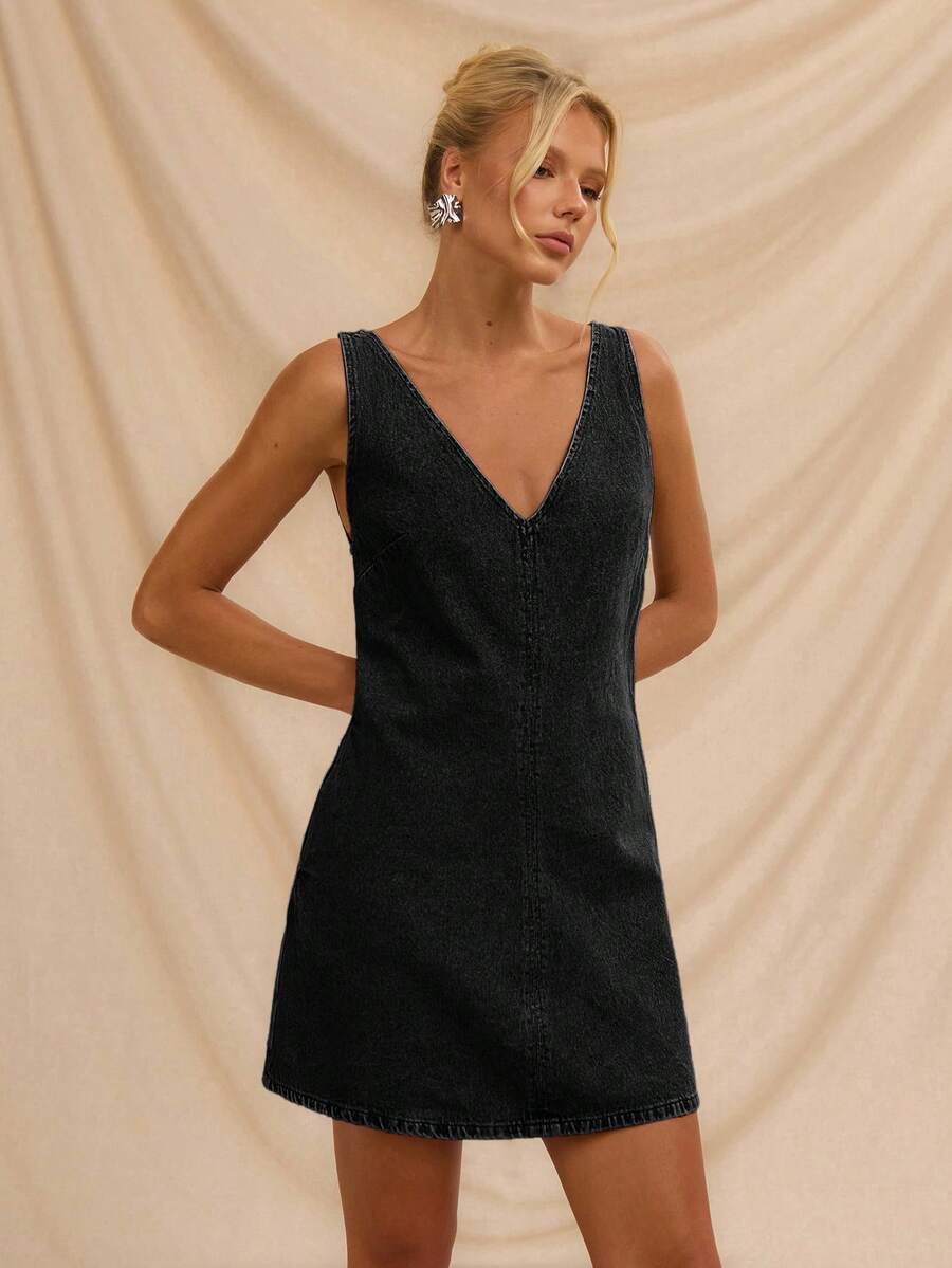 Avantive 休闲音乐节迷你宽松牛仔连衣裙 - 黑色 - 查看 1