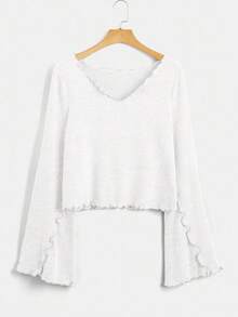 SHEIN EZwear Camiseta feminina casual versátil branca com manga flare plus size - Branco - Ver 1