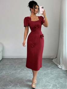 Elenzga Women's Solid Color Square Neck Short Sleeve Floral Decor Fitted Elegant Mid-Length Dress - Burgundy - View 5