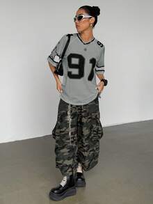 Flirla 女式数字印花短袖网眼拼色宽松运动 T 恤，春夏图案 T 恤女式上衣