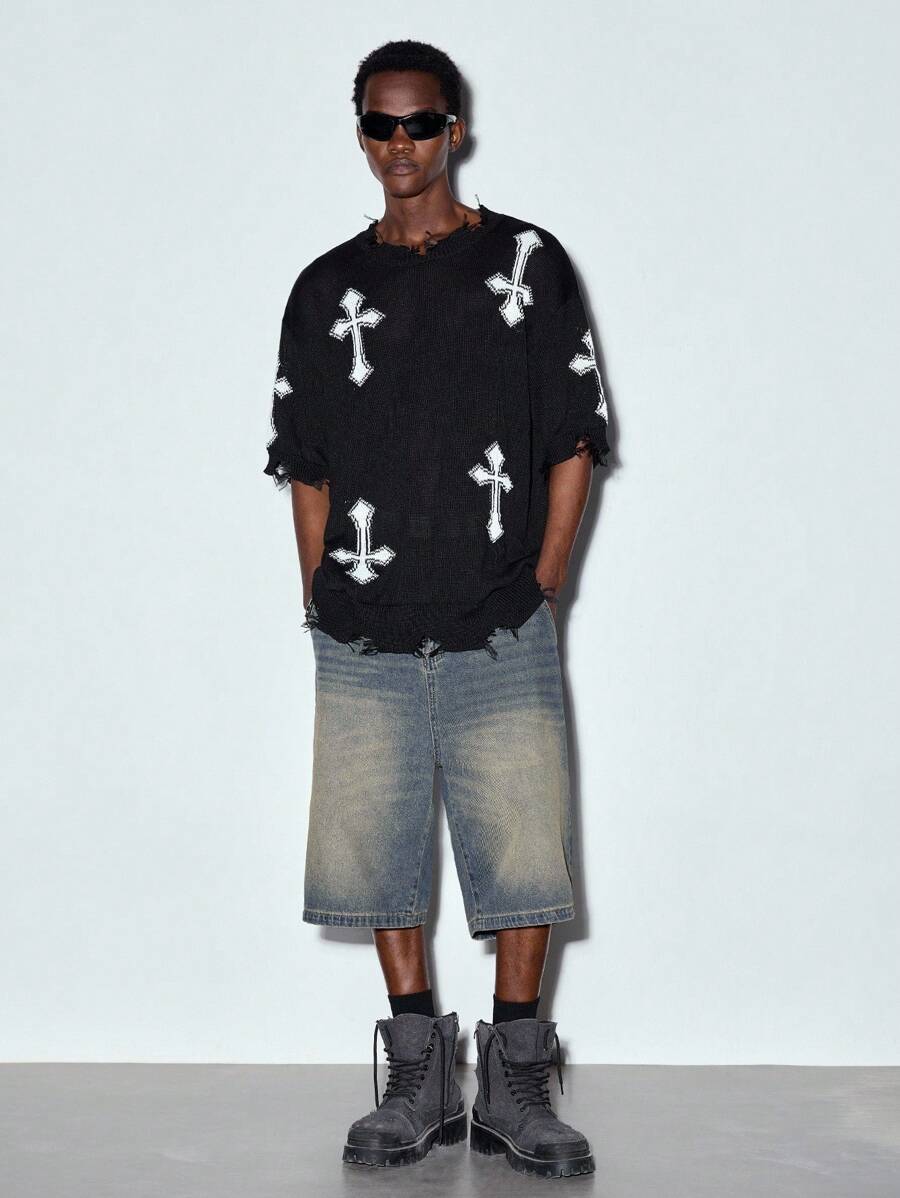 MODCRASH Men's Washed Slant Pocket Casual Denim Shorts Jorts - Blue - View 1