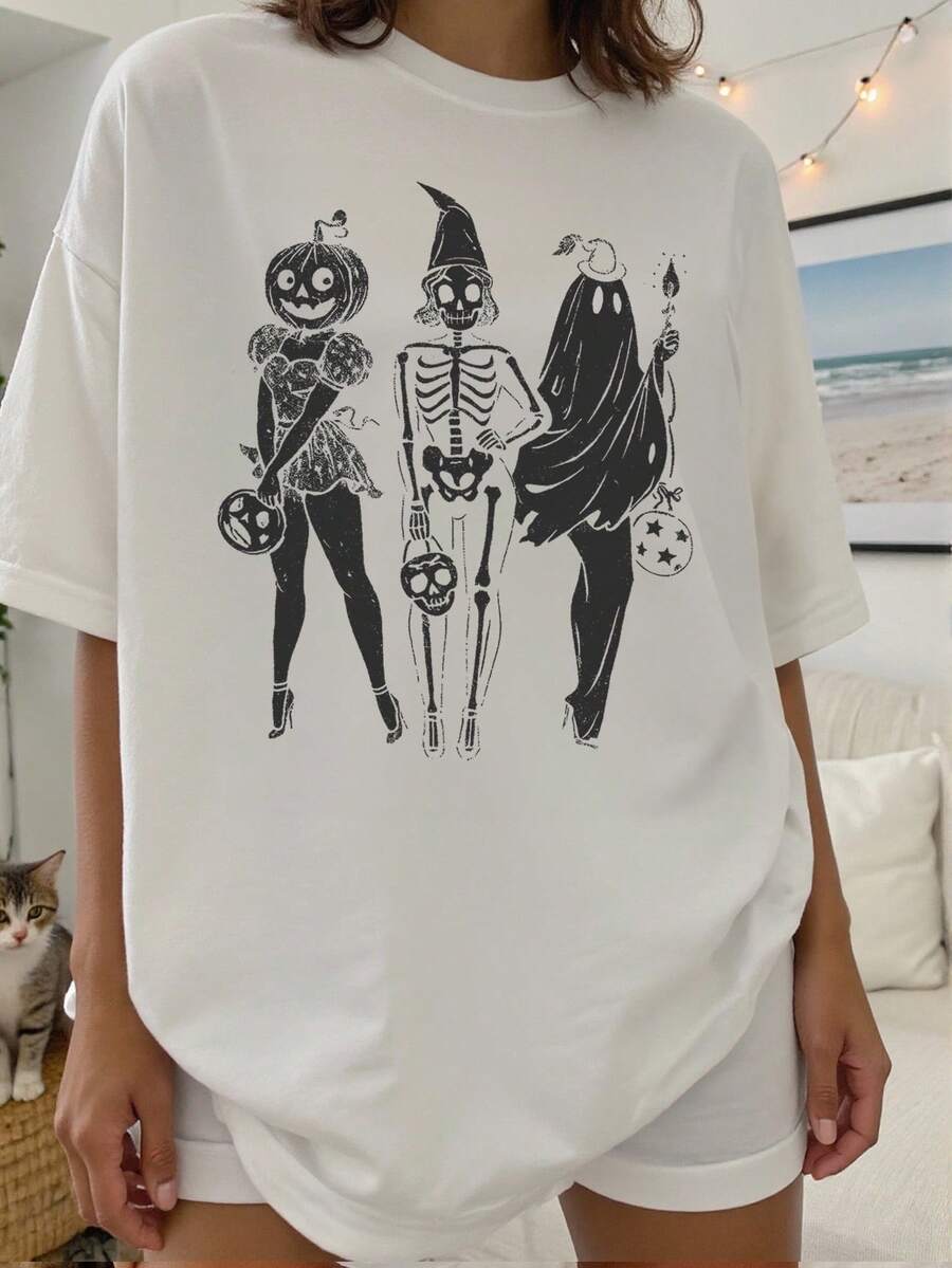 INAWLY Plus Size Casual Loose Halloween Graphic Print Short Sleeve T-Shirt - White - View 1
