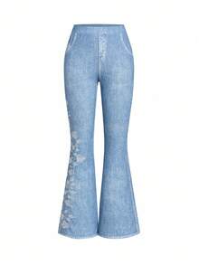 Ellevyn Women's Faux Denim Print Knit Elastic Waist Metallic Zipper Embroidered High Waist Elegant Casual Pants, Spring/Summer - Blue - View 6