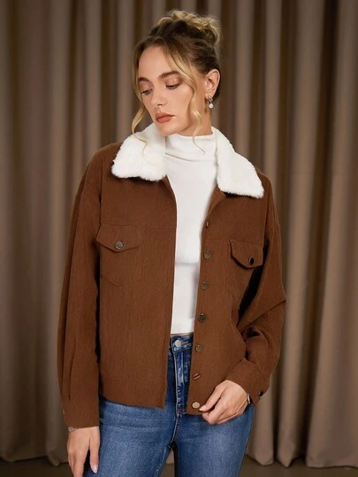 女士简约纯色纽扣长袖宽松夹克棕色夹克女士棕色灯芯绒夹克毛领夹克棕色外套女士女士灯芯绒夹克