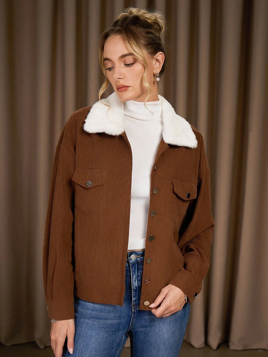 Women's Simple Solid Color Button-Up Long Sleeve Loose Corduroy Jacket,Fur Collar Brown And White Coat For Winter,Casual Occasion Jacket Women - Brown - View 1