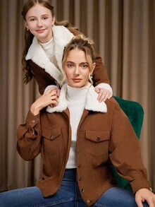 Women's Simple Solid Color Button-Up Long Sleeve Loose Corduroy Jacket,Fur Collar Brown And White Coat For Winter,Casual Occasion Jacket Women - Brown - View 4