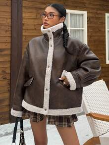 Muchica 女士秋冬新款仿皮草宽松夹克 - 棕色 - 查看 6