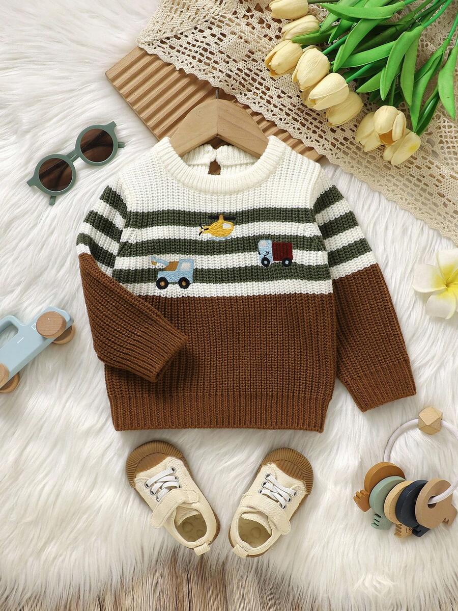 SHEIN 可愛卡通刺繡幼兒男嬰毛衣,棕色條紋秋季針織套頭衫,適合家庭穿搭,柔軟長袖圓領休閒針織衫 - 咖啡棕 - 查看 1