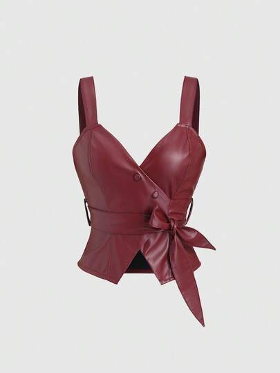 Sweetra 女士 Y2K 风格无袖优雅系带 PU 皮革复古吊带背心，适合约会之夜