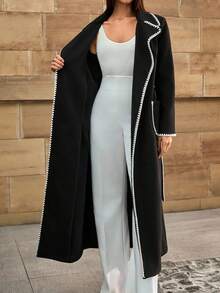 CLARA VERO Contrast Color Trim Belted Pocket Elegant Long Sleeve Winter Jacket - Black - View 8