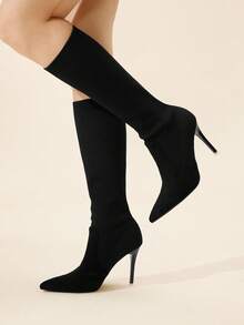 CUCCOO BASICS 女式尖头细高跟黑色时尚针织过膝长靴，性感舒适修身百搭弹力秋冬高筒靴 - 黑色 - 查看 5