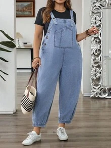 SHEIN CURVE+ Quần denim cạp rút dây thường ngày cỡ lớn - Màu xanh lam - Xem 4