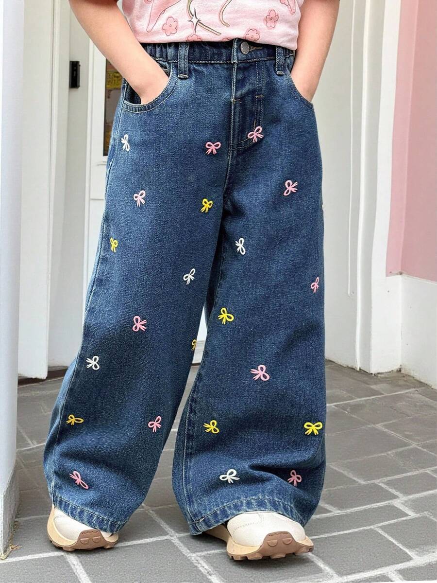 SHEIN 年轻女孩彩色蝴蝶结装饰蓝色牛仔宽松裤 - 深色水洗藍 - 查看 1