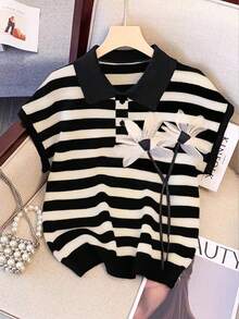 GlowEve Women's Color-Blocking Striped Short Sleeve Half Placket Casual T-Shirt, Summer - Black and White - View 1