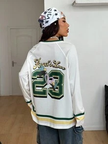 Coolane Women's Fall/Winter Streetwear Going Out Y2K Music Festival Sport Number Printed V-Neck Long Sleeve Jersey T-Shirt - Multicolor - View 5