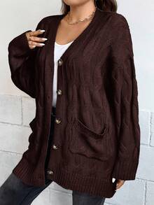 EURMUSE Áo khoác cardigan dệt kim tay dài dáng rộng họa tiết dây cáp thường ngày cho nữ cỡ lớn, dáng rộng, cài một hàng khuy, mùa thu - màu nâu - Xem 4