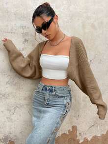 EURMUSE Y2K Grunge Drop Shoulder Open Front Crop Cardigan Without Tube Top - Camel - View 4