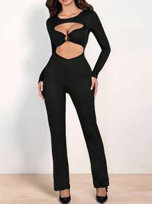 INAWLY Women's Minimalist Solid Color Hollow Circle Detail Jumpsuit, Autumn Fall Cloth For Women - Black - View 6
