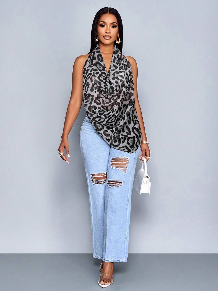SOLERSUN Sexy Elegant Women Chiffon Leopard Print Tops, Party & Date - Black and White - View 1