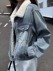 DAZY Women's Casual Faux Shearling Patchwork Denim Jacket Thermal Lined,Winter Y2k Women Coats - Blue - View 2