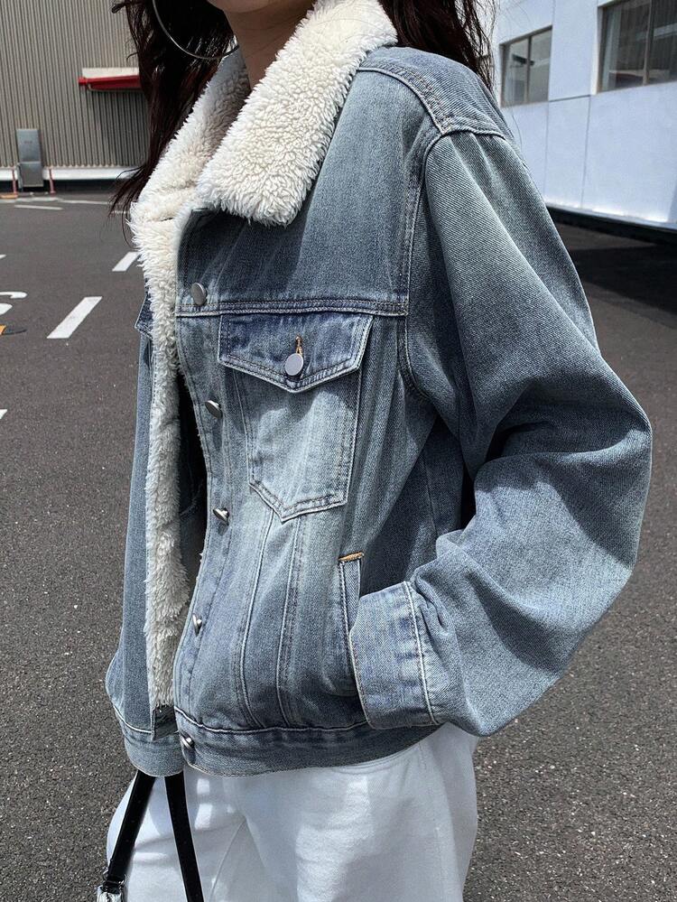 Women's Casual Faux Shearling Patchwork Denim Jacket Thermal Lined,Winter Y2k Women Coats