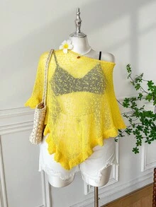 Comfortcana Plus Size Women's Yellow Ruffled Hem Semi-Sheer Casual Crochet Poncho For Summer And Autumn Outings & Dates