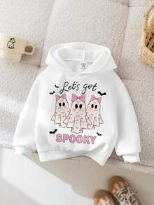 SHEIN 可爱的奶油粉色万圣节蝴蝶结和妖精印花，男婴针织柔软连帽运动衫，舒适厚实，适合户外野餐、街头风格、家居服 - 白色 - 查看 2