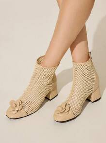 CUCCOO CHICEST Round Toe Block Heel Floral Patchwork Ankle Boots & Short Boots For Women - Apricot - View 3