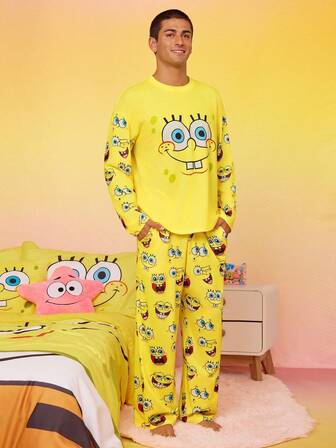 SpongeBob SquarePants | SHEIN Men's Cartoon Pattern Long Sleeve Top & Pants Pajama Set Yellow Pajama Set, Fall & Winter Clothes