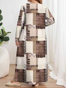 Mellowie Gaun Longgar Lengan Panjang Motif Kotak-kotak Ukuran Plus, Cocok untuk Musim Gugur/Dingin, Chic, Normal, Elegan, Menonjolkan Bentuk Tubuh, Kencan, Kantor, Warna Cokelat - MultiWarna - View 2