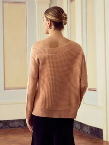 ZEYLAH Elegant Solid Color Asymmetric Collar Bow Decor Sweater, Fall /Winter Clothes - Coral Orange - View 3