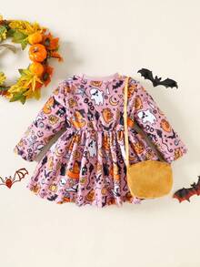 SHEIN Perso Play Vestido de manga larga con estampado de calabaza y bolso de calabaza para niña, adecuado para otoño/invierno, uso diario - Multicolor - Ver 2