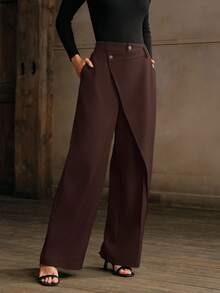 Anewsta 女士休闲不对称下摆宽松直筒裤，适合通勤、春秋季 - 棕色 - 查看 5