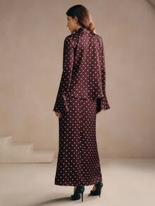 Anewsta 度假风优雅通勤棕色和粉色波尔卡圆点印花领蝴蝶结装饰长袖荷叶边袖女式休闲衬衫 + 高腰直筒女式裙子 2 件套，适合春季、夏季、外出、优雅、正式、派对、别致、新年、圣诞节、毕业典礼 - 棕色 - 查看 3