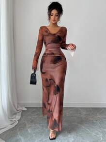 Elenzga 秋季法式复古花卉印花低胸网眼喇叭袖修身优雅成熟荷叶边下摆中长连衣裙 - 彩色 - 查看 7