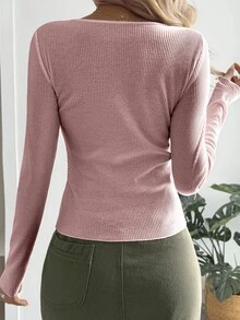 DAZY Camiseta de manga larga casual con botones, acanalada y plisada de unicolor