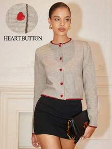 Chiquease 秋季女装女士休闲圆领撞色心形单排扣开衫女开衫心形纽扣开衫纽扣开衫针织毛衣 - 彩色 - 查看 1