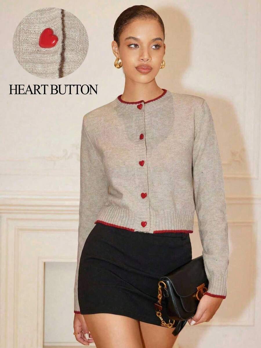 Chiquease 秋季女装女士休闲圆领撞色心形单排扣开衫女开衫心形纽扣开衫纽扣开衫针织毛衣 - 彩色 - 查看 1