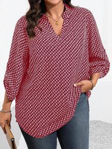 SHEIN Plus Size Casual Commuter All-Over Print Notch Collar Shirt - Burgundy - View 6