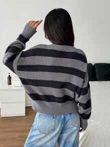 SHEIN PETITE 超大条纹撞色宽松落肩毛衣，适合娇小女性，秋冬 - 灰色 - 查看 2