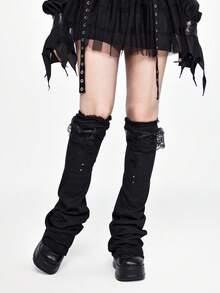 ROMWE Kawaii 1 Par de Perneiras de Renda Preta Estilo Punk, Perneiras Flare de Cor Sólida com Elemento Cruz Y2K, Emagrecedoras, Adequadas para Uso Diário, Festivais e Festas - Multicolorido - Visão 2