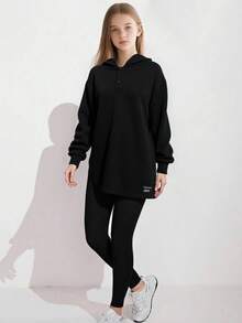 Set de 2 blusas casuales y sueltas de unicolor para niñas, estilo minimalista de uso diario, para primavera/otoño - Negro - Ver 6