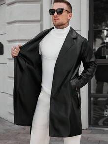 Manfinity CasualCool 男士纯色翻领长袖单排扣休闲 PU 皮革风衣，秋季 - 黑色 - 查看 8