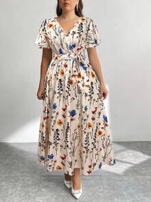 Firerie Vestido de verano con cuello en V, ajuste holgado, estampado aleatorio, abertura y cintura con lazo para mujer de talla grande - Multicolor - Ver 5