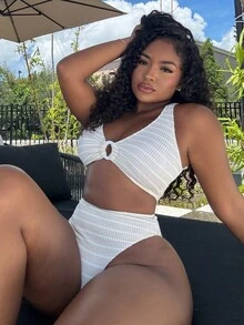 Alexandranx Conjunto de bikini con estampado de rayas, escote en V y decoración de anillo - Albaricoque - Ver 5