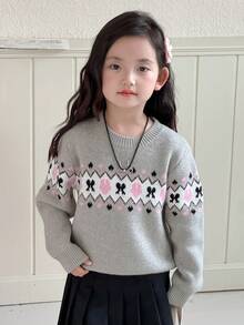 DAZY 女童圆领毛衣，秋季 - 灰色 - 查看 5